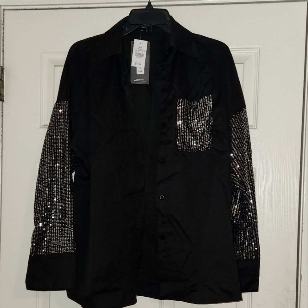 Black Women's Long Sleeve, Button Down Shirt W/Sequin Front Pocket & Sleeves
